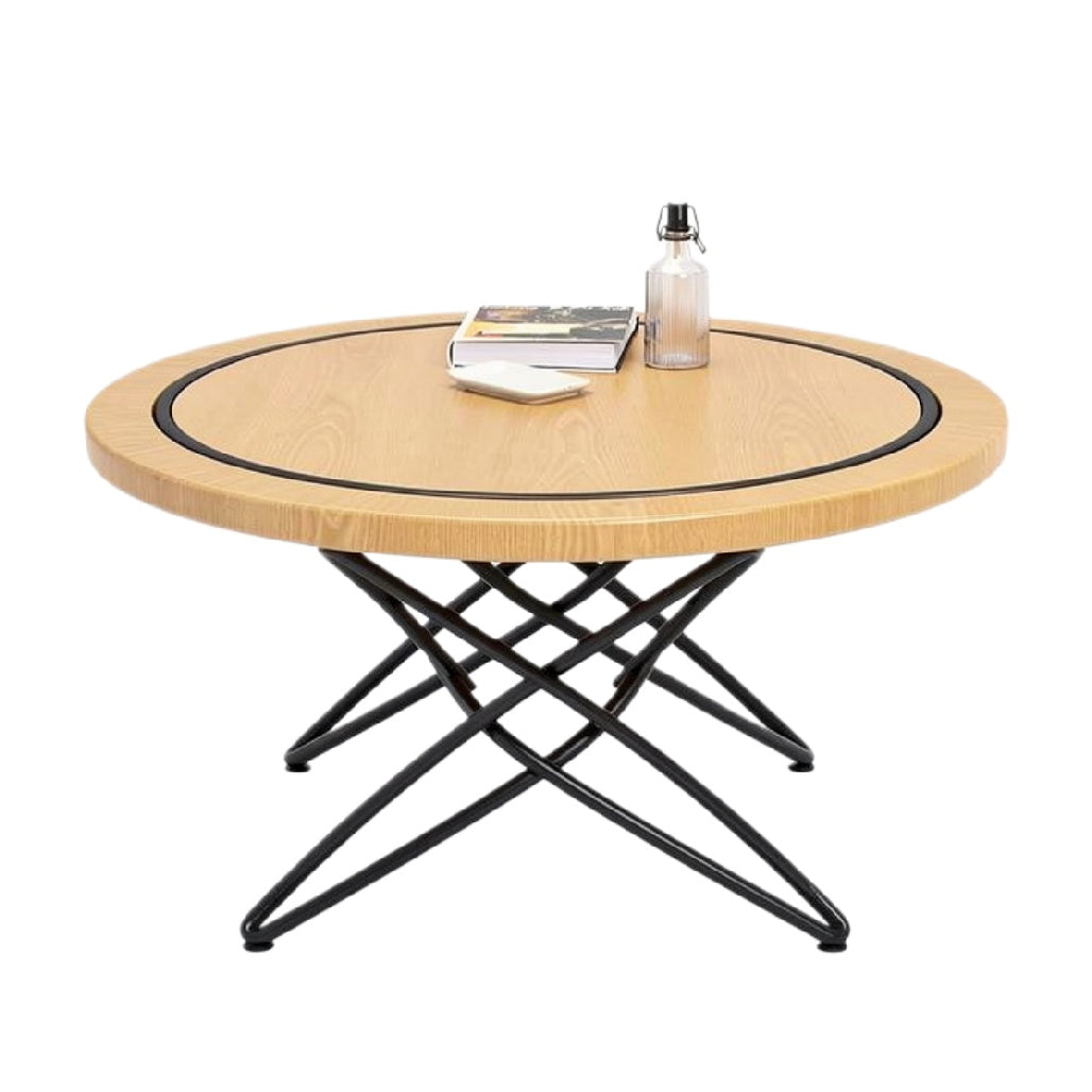 Ronde houten salontafel met metalen onderstel