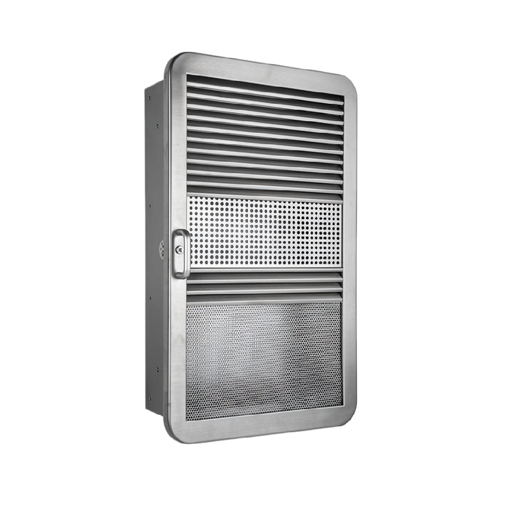 Roestvrijstalen ventilatiepaneel met rooster en gaas.