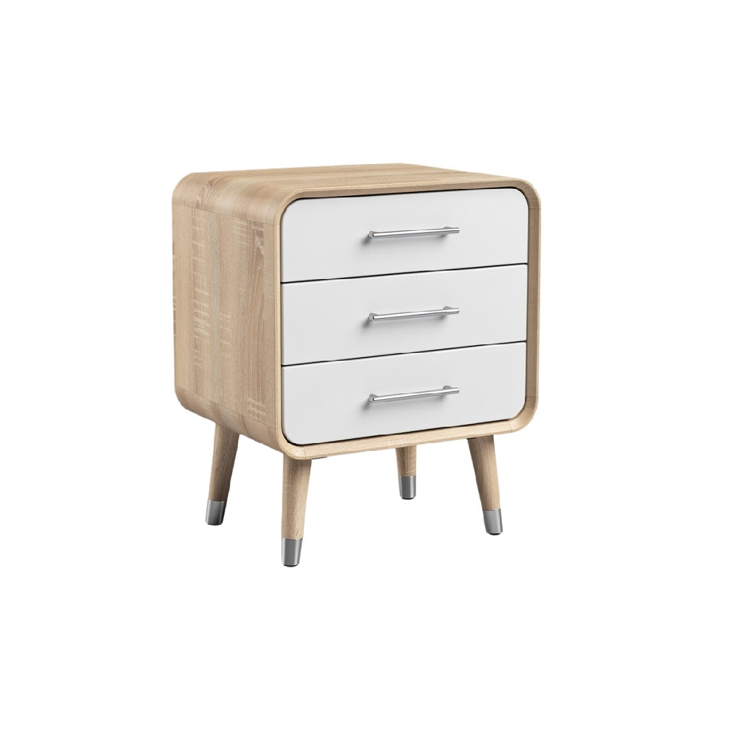 Moderne nachttafel met 3 lades van hout en wit.