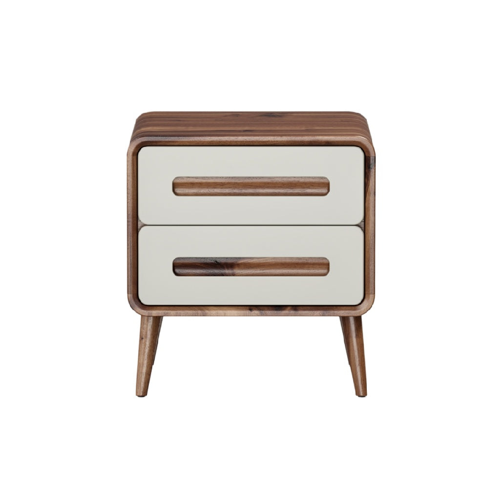 Moderne nachtkast met houten poten en twee lades