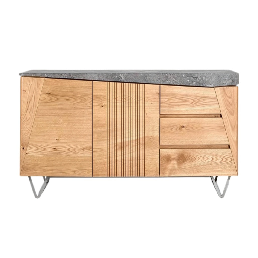 Moderne houten kast met marmeren top en geometrische ontwerpen